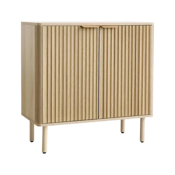 Coffee Bar Cabinet, Mid Century Fluted Coffee Bar Table with 2-Tier Storage, Buffet Stand Cabinet with 2 Barn Door, Sideboard Buffet Station for Living Room, Entryway, Oak