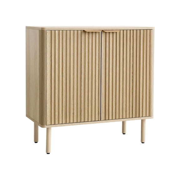 Coffee Bar Cabinet, Mid Century Fluted Sideboard - 2 Tier Storage, Barn Door Buffet, Living Room Entryway, 31.5 x 14.7 x 31.5 Inch, Oak Finish