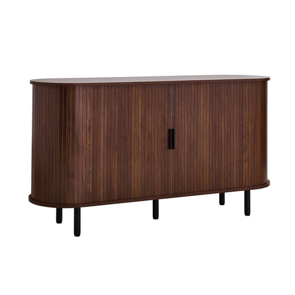 Coffee Bar Cabinet, Mid Century Modern Buffet Sideboard, Fluted Sliding Door Storage, Living Room Entryway Kitchen, 55.1" Walnut