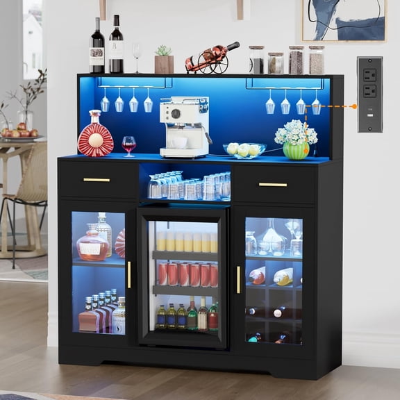 Coffee Bar Cabinet with Mini Fridge Space,Wine Bar Cabinets with Power Outlet&Led Lights, Mini Fridge Cabinet Home Liquor Cabinets with Glass Holder&Wine Racks, Modern Buffet Sideboard with Storage
