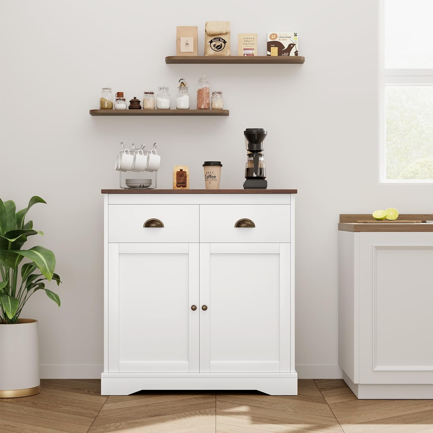 White 2-Drawer Wooden Buffet Cabinet with Dark Brown Top
