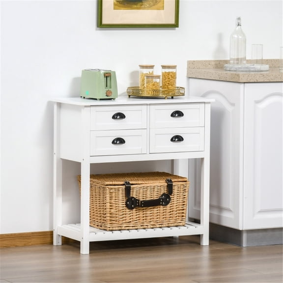4 Drawers Console Table with Slatted Bottom Shelf, Modern Kitchen Sideboard with Anti-tipping Strap, Coffee Bar Cabinet for Kitchen Living Room Hallway Entryway, White