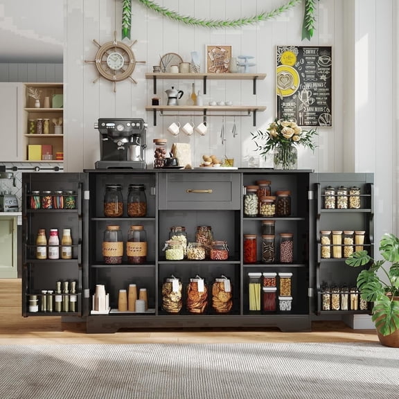 45’’ Coffee Bar Cabinet with Drawer and Doors, Noelse Pantry Sideboard Buffet Cabinet for Small Kitchen, Living Room and Bathroom, Black