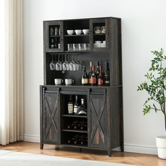 Coffee Bar Cabinet with Sliding Barn Door,70" Tall Buffet Cabinet with Storage Shelves,Liquor Cabinet with Hutch,Wine and Glasses Rack for Living Dining Room