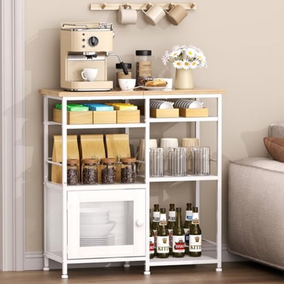 Coffee Bar Cabinet Station - Farmhouse Small Coffee Stand Station with Doors Rustic Storage Organizer for Kitchen Buffet Sideboard Cabinet Table for Home Office Corner Bar White