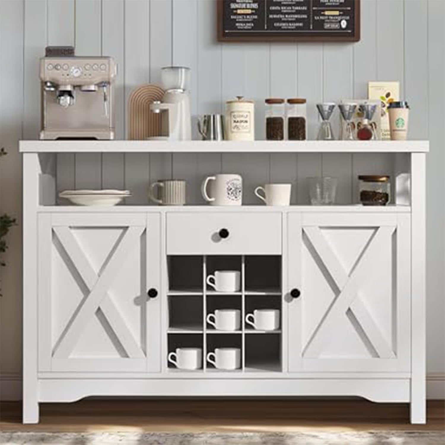 Coffee Bar Cabinet with Storage, 47” White Coffee Station Cabinet ...