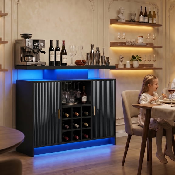 Coffee Bar Cabinet With Power Outlet & LED Light, Sideboard Buffet Cabinet Kitchen Storage With Adjustable Shelves, Black