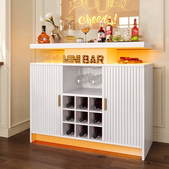 Wine Cabinet with LED & Outlets, Coffee Bar Cabinet with Storage, Removable Liquor Rack & Adjustable Shelves, Sideboard Buffet Cabinet for Home, White