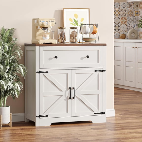 Coffee Bar Cabinet with Storage, Small Kitchen Storage Cabinet, Modern Farmhouse Buffet Sideboard with Drawers and Adjustable Shelves, Barn Door Accent Cabinets for Kitchen, Dining Room, Living Room