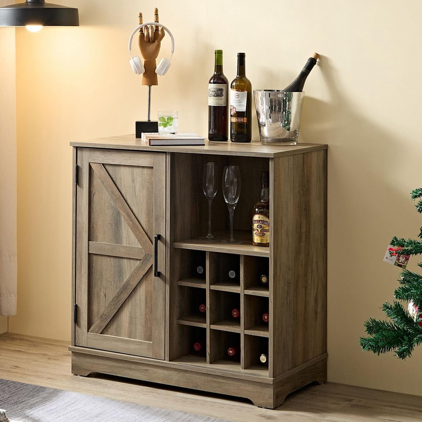Coffee Bar Cabinet with Wine Rack, 32" H Farmhouse Wooden Accent Wine