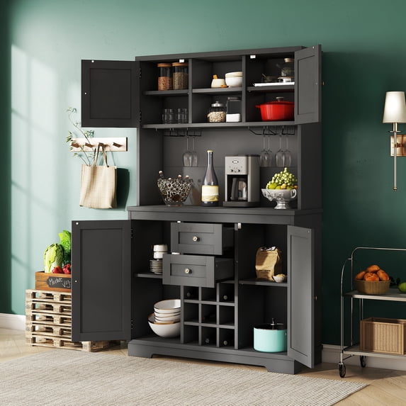Coffee Bar Cabinet With 2 Drawers And 4 Doors, Featuring 9-Grid Bottle Holders And Open Shelves, Coffee Bar Cabinet For Dining Rooms Kitchen Spaces
