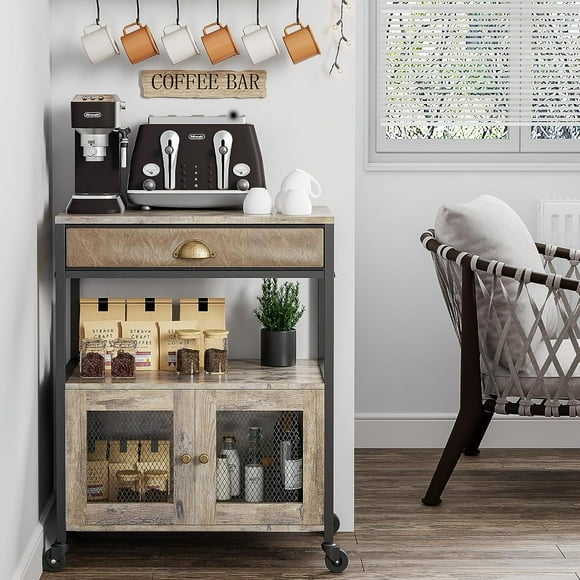 Coffee Bar Cabinet, X-cosrack 3 Tier Kitchen Coffee Cart with Drawer, Movable Farmhouse Coffee Station Table on Wheels for Living Room, Entryway, Dining Room