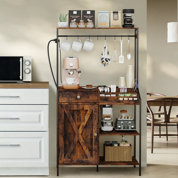 VicTsing Coffee Bar Cabinet, Farmhouse Coffee Bar with Extra Top Storage, Coffee Station Organizer with 7 Compartments, 57'' Coffee Bar Table with Power Strip for Kitchen Living Dining Room - Brown