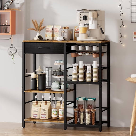 Coffee Bar Cabinet with Integrated Storage, 5-Tier Vintage Brown Kitchen Stand with Drawers and Capsule Racks for Living Room Corner