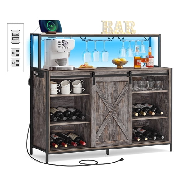 Coffee Bar Cabinet with Power Outlet - Smart LED Light, Sliding Barn Doors, S Hooks, Wine Storage, Maple Gray