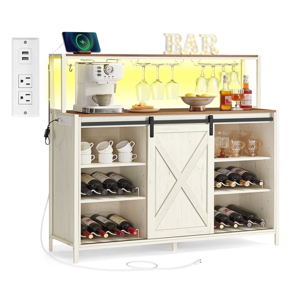 Coffee Bar Cabinet with Power Outlet - Smart LED Light, Sliding Barn Doors, Wine Storage, Rustic White and Honey Brown
