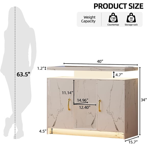 Coffee Bar Cabinet with Storage, 40" Buffet Cabinet with LED Lights & Floating Countertop