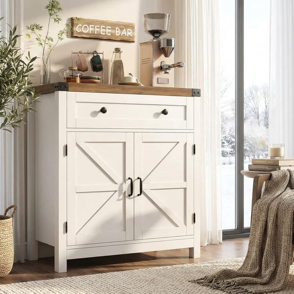 Coffee Bar Cabinet with Storage, Modern Farmhouse Sideboard Buffet Table for Kitchen Dining Room Entryway, White