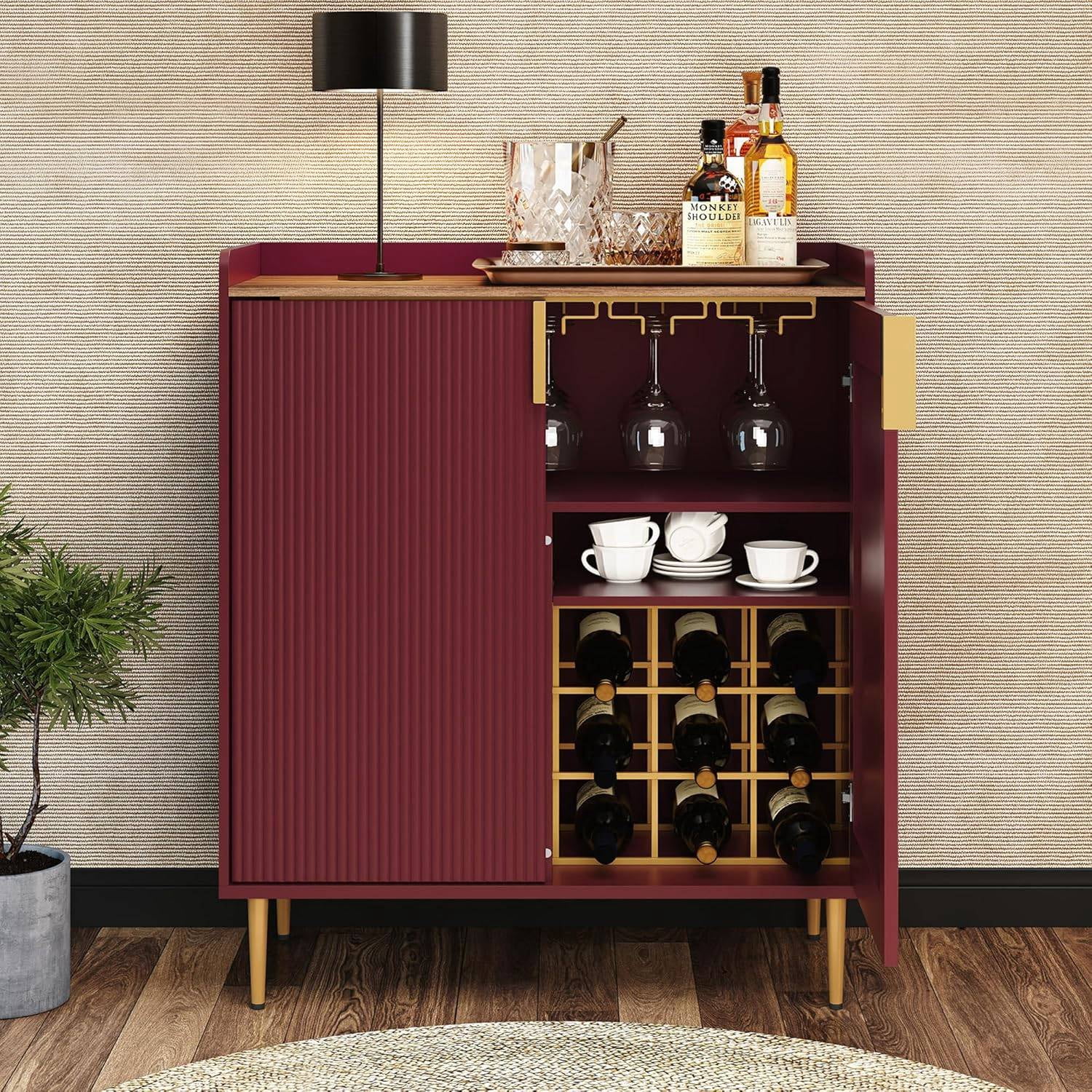 Coffee Bar Cabinet with Wine Racks, Fluted Texture Sideboard Buffet for ...