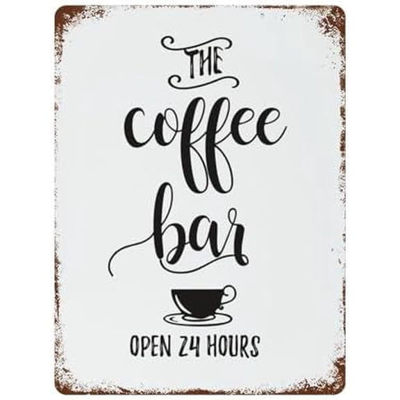 Coffee Bar Christmas Sign, Open 24 Hours Metal Tin Sign Vintage Funny Plaque Poster for Indoor Outdoor Yard Kitchen Garage 8x12 Inch