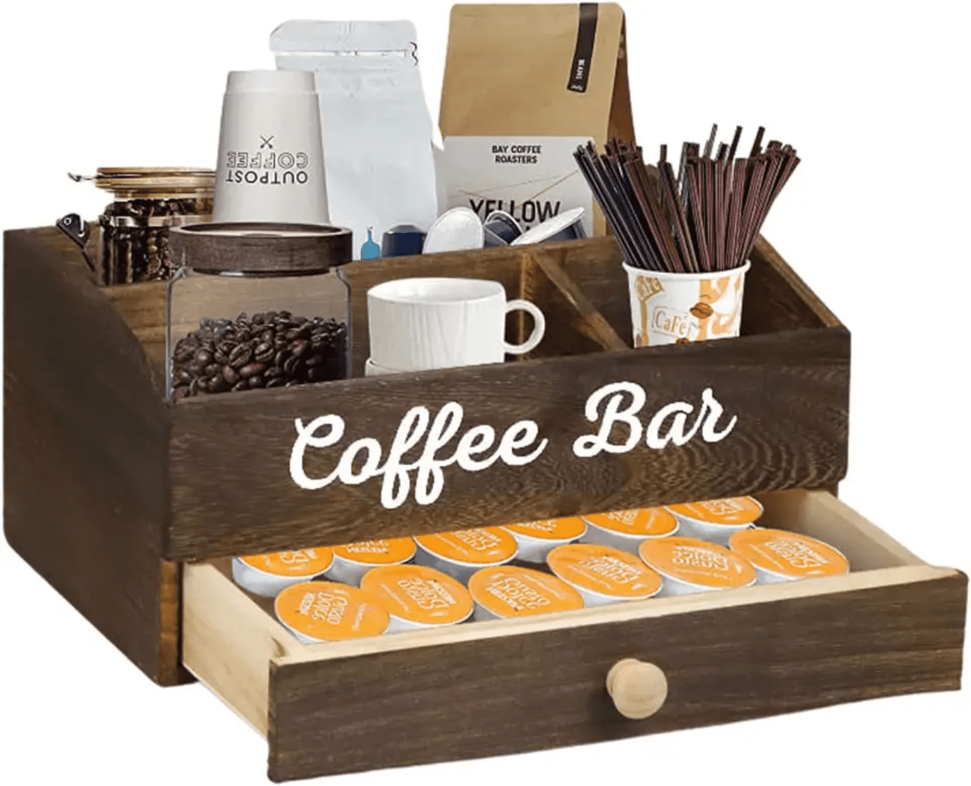 Wood Coffee Station Organizer Dividers, Countertop Decor with Compartment ,Coffee Bar Accessories ,Organizer for Stirring Pod ,Parties Cafes Bevel