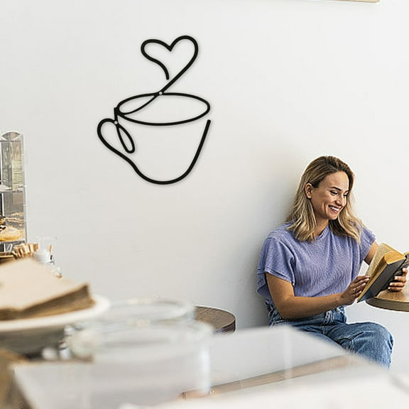 Coffee Bar Decor Iron Coffee Cup Offee Bar Accessories Wall Sculptures Metal Wall Decorations Vintage Black Mug Heart Coffee Signs for Coffee Station Kitchen Restaurant