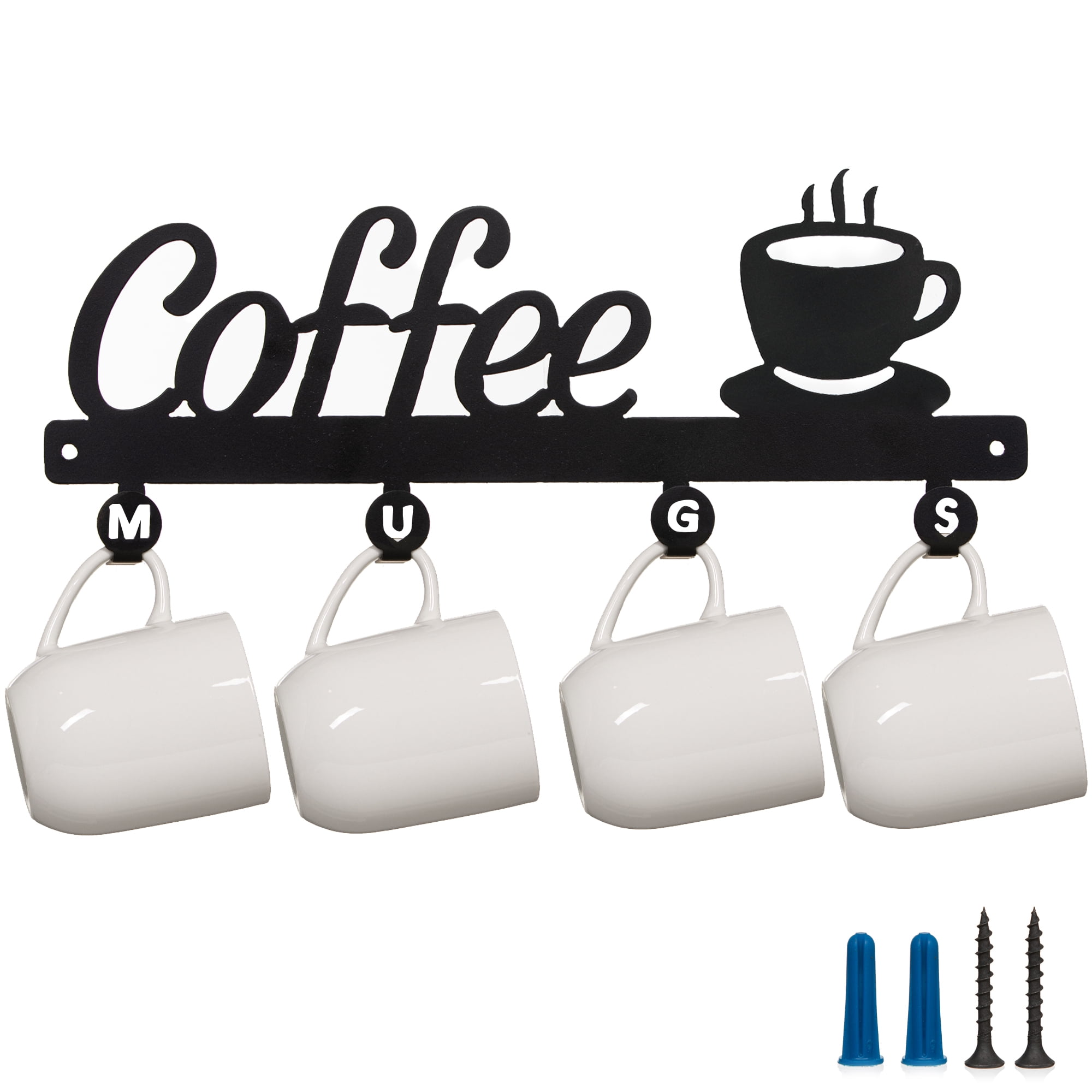 Coffee Bar Decor Sign Coffee Mug Holder Wall Mounted -Coffee Cup Rack Holds  4 Cups, Coffee Sign Mug Hanger, Mug Storage Coffee Signs Made in The USA  Metal Coffee Mug Rack 