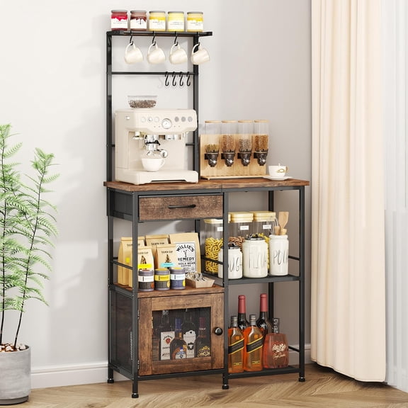 Coffee Bar with Hanging Rack - Farmhouse Coffee Stand Station Multi-Purpose Buffet Sideboard Cabinet with Drawers - Kitchen Bar Table for Living Room, Corner, Small Space, Espresso