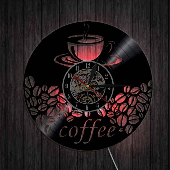 Coffee Bar Home Decor Coffee Bean Wall Art Hot Drink Steam Coffee Wall Clock Cafe Kitchen Vinyl Record Decorative Wall Clock With LED