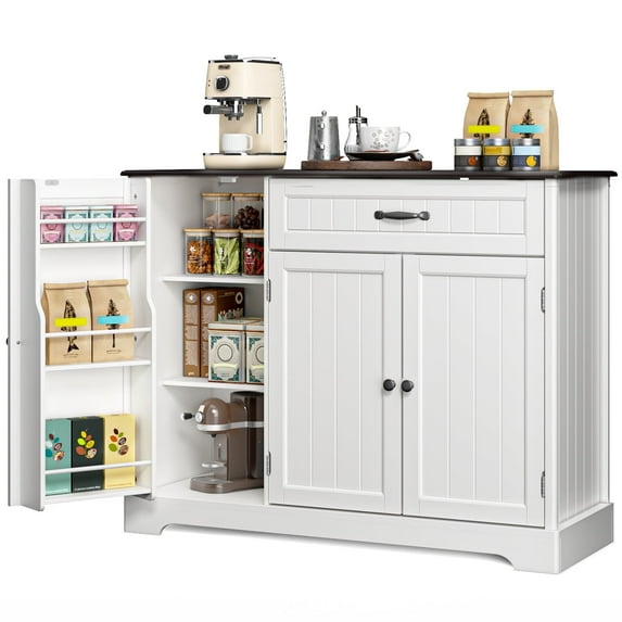 Coffee Bar, Lofka 42" Kitchen Storage Cabinet, Sideboard Buffet Cabinet with 8 Shelves, 1 Drawer, Black Tabletop + White Finish