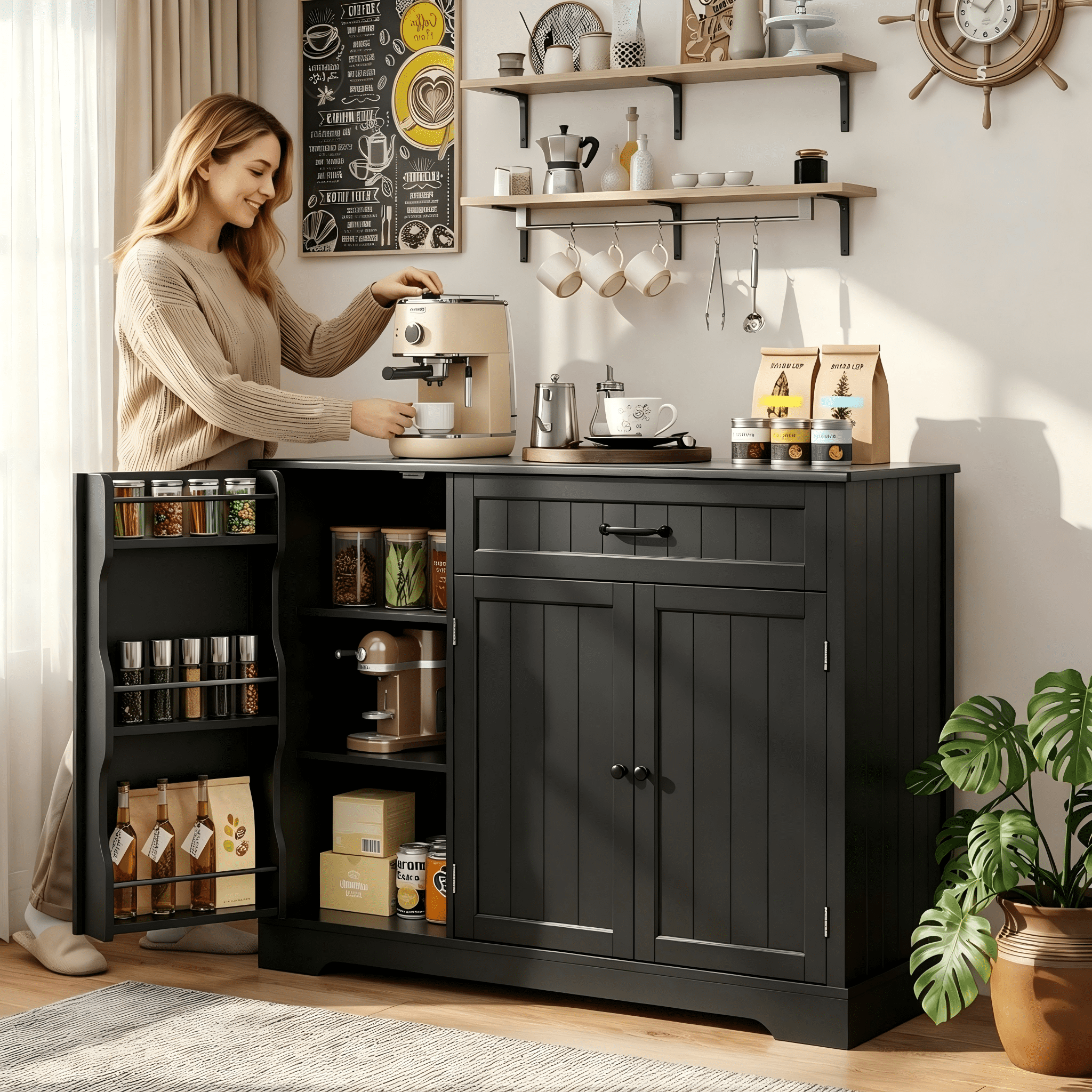 Coffee Bar Cabinet, Lofka 42" Farmhouse Kitchen Storage Sideboard Buffet Cabinet with 8 Shelves & 1 Drawer, Multifunctional Console Table for Dining Living Room Entryway Coffee Station, Black