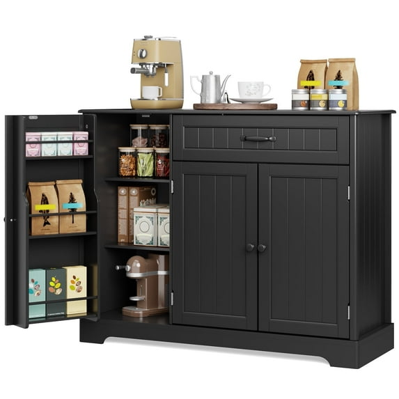 Coffee Bar, Lofka 42" Kitchen Storage Cabinet, Sideboard Buffet Cabinet with 8 Shelves, 1 Drawer, Black