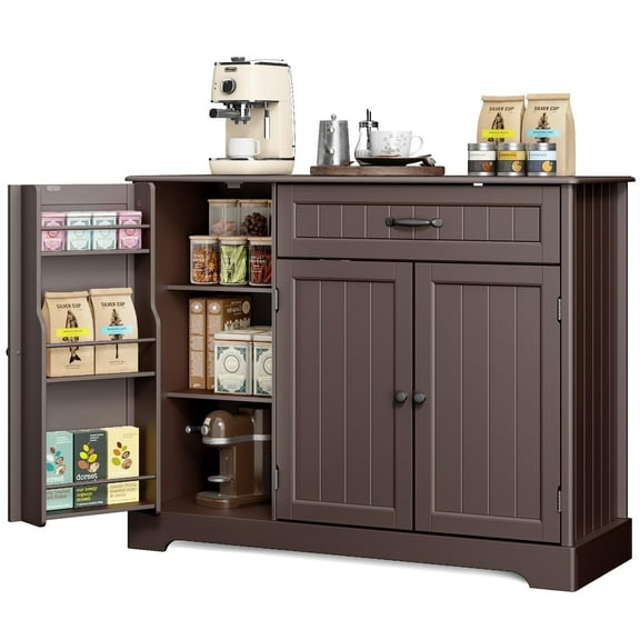 Coffee Bar, Lofka 42" Kitchen Storage Cabinet, Sideboard Buffet Cabinet with 8 Shelves, 1 Drawer, Dark Brown