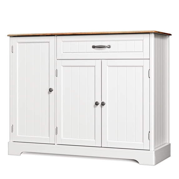 Coffee Bar, Lofka 42" Kitchen Storage Cabinet, Sideboard Buffet Cabinet with 8 Shelves, 1 Drawer, White+Retro Desktop
