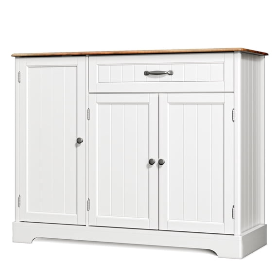 Coffee Bar, Lofka 42" Kitchen Storage Cabinet, Sideboard Buffet Cabinet with 8 Shelves, 1 Drawer, White+Retro Desktop