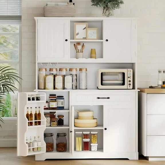 Lofka 67" Tall Pantry Cabinet for Kitchen Storage - 15 Shelves, 5 Doors, Microwave Shelf & Drawer, Freestanding Organizer Can Be Used as Coffee Bar Cabinet