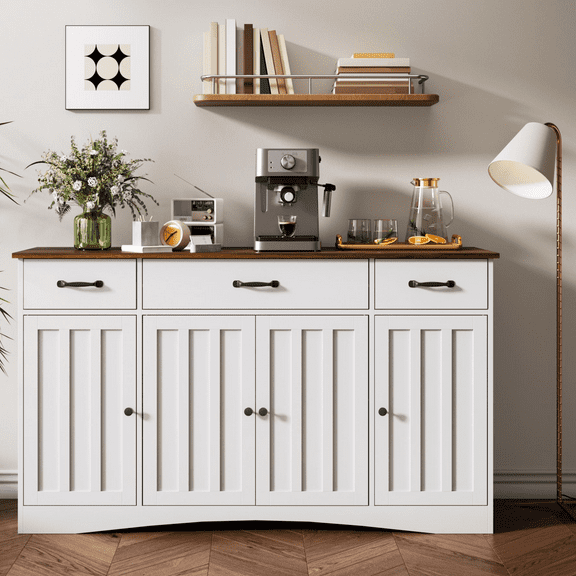 Coffee Bar, Lofka Buffet Cabinet-Spacious Storage with Adjustable Shelves for Dining Room, Living Room, White+Rustic Brown