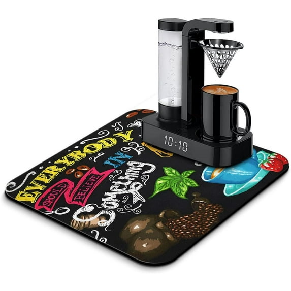 Coffee Bar Mat Accessories for Countertop Absorbent Hide Stain Rubber Backed Dish Drying Mats for Kitchen Counter Draining Pad Decor Gift Fit Under Coffee Maker Coffee Pot Espresso Machine (18x16in)
