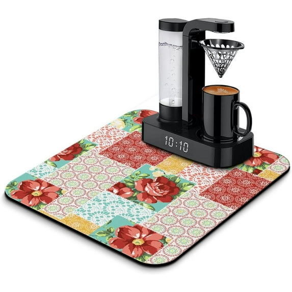 Coffee Bar Mat Accessories for Countertop Absorbent Hide Stain Rubber Backed Dish Drying Mats for Kitchen Counter Draining Pad Decor Gift Fit Under Coffee Maker Coffee Pot Espresso Machine (18x16in)
