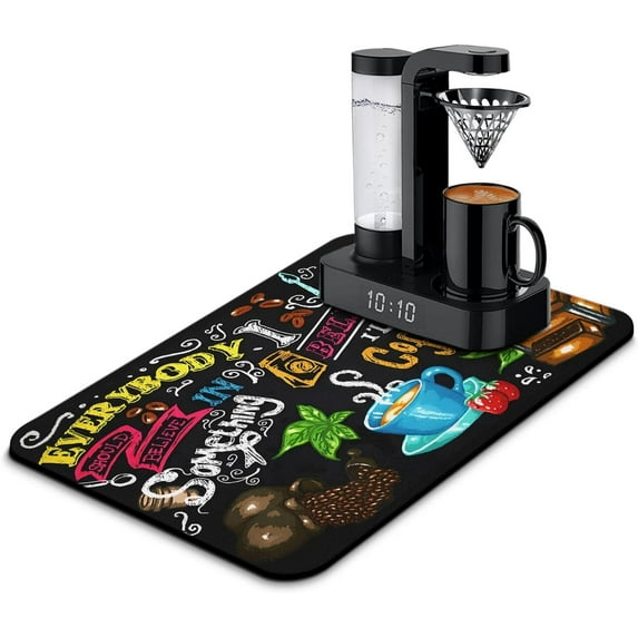 Coffee Bar Mat Accessories for Countertop Absorbent Hide Stain Rubber Backed Dish Drying Mats for Kitchen Counter Draining Pad Decor Gift Fit Under Coffee Maker Coffee Pot Espresso Machine (24x16in)