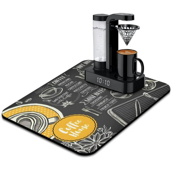 Coffee Bar Mat Accessories for Countertop Absorbent Hide Stain Rubber Backed Dish Drying Mats for Kitchen Counter Draining Pad Decor Gift Fit Under Coffee Maker Coffee Pot Espresso Machine (24x18in)