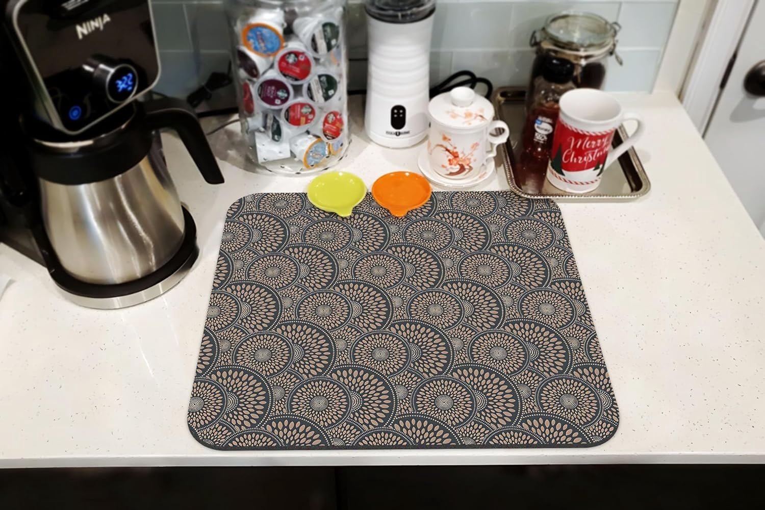 Coffee Bar Mat - 18x16 Inch Absorbent, Quick-Dry Rubber Backed Mat For Countertop, Dish Drying & Decor