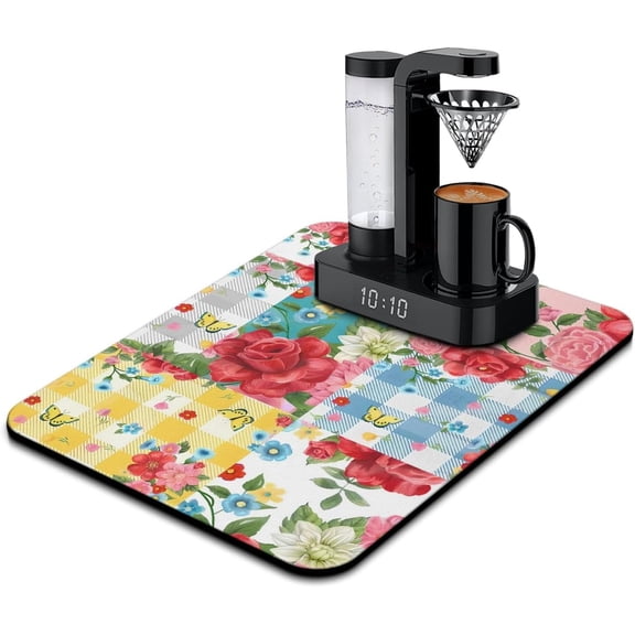 Coffee Bar Mat Accessories for Countertop Super Absorbent Anti-Slip Silicone Flower Dish Drying Mats for Kitchen Counter Draining Pad Decor Gift Fit Coffee Maker Coffee Pot Espresso Machine 24inx18in