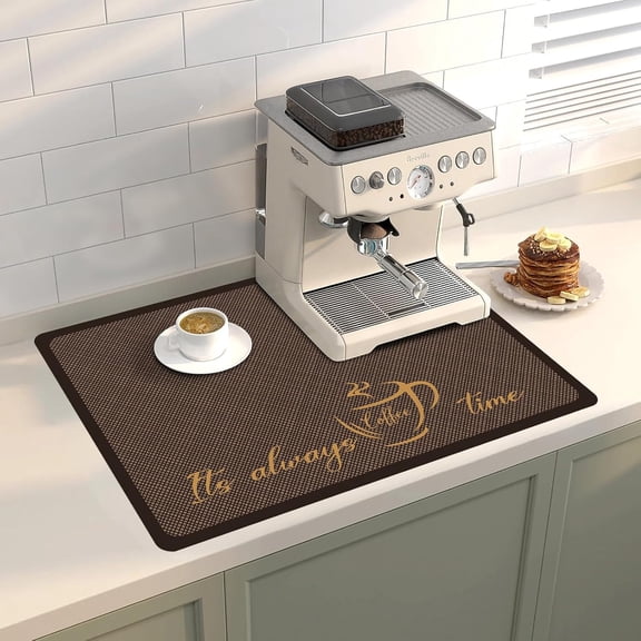 Coffee Bar Mat Hide Stain Rubber Backed Absorbent Drying Mat Modern Kitchen Drying Mat Easy Clean,Fit Under Coffee Maker Machine And Accessories-12"x19",Brown Plaid