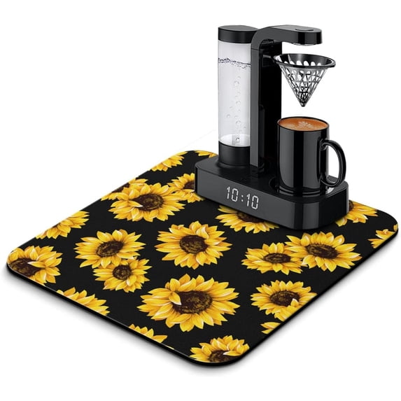 Coffee Bar Mat Rubber Dish Drying Mat For Kitchen Counter Coffee Mat for Home Bar Gift Kitchen Mat Coffee Bar Accessories Decorative Sunflower lemon Coffee Shop Dish Drying Pad 16" X 18"