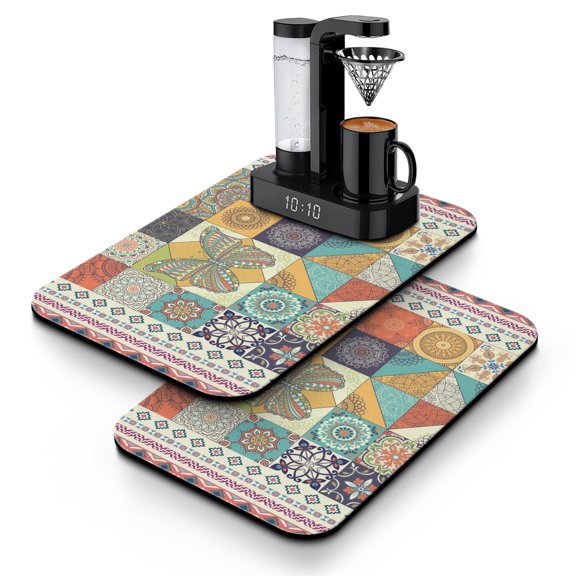 Coffee Bar Mat with Sketch Style Design - Super Absorbent Diatom Drying Pad, Vintage Kitchen Mat Under Coffee Maker, Artistic Style Counter Protection, Rustic Home Decor