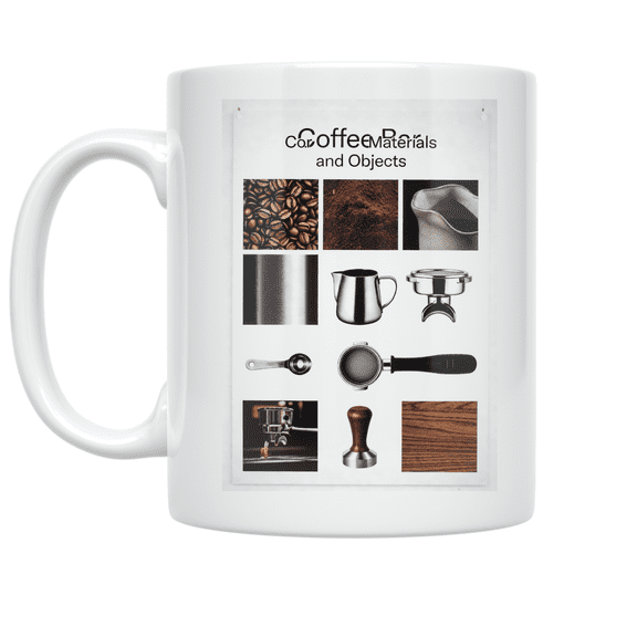 Coffee Bar Materials and Objects Mug, Coffee Lovers, Home Decor, and Homeowners Decor, 11 oz White Ceramic
