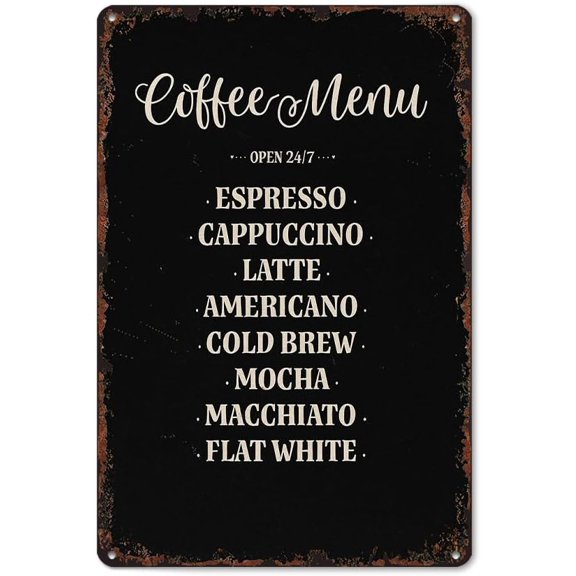 Coffee Bar Menu Print 8x12 Inch Aluminum Metal Tin Signs Funny Vintage Poster-For Living Bathroom Room Kitchen Bedroom Garden Wall Decor