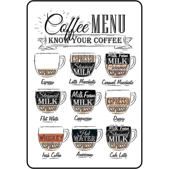 Coffee Bar Metal Sign Coffee Menu Know Your Coffee Tin Station Signs Bar Wall Coffee Decor Restaurant Coffee Bar Home Decor 12X8 Inches