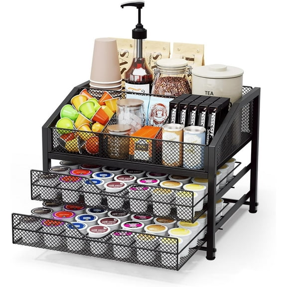 Coffee Bar Organizer Coffee Station for Countertop, Metal and Wood K Cup holder Storage Basket for Syrup, Cups Stirrer Condiment, Tea Organizer